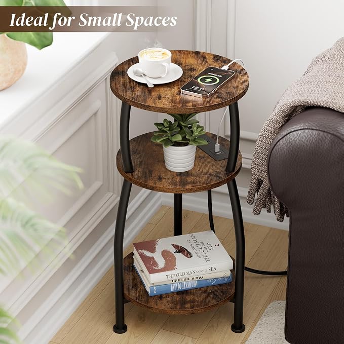 Round Side Table with Power Outlet & USB Ports, 3-Tier End Table with Storage - Image 4