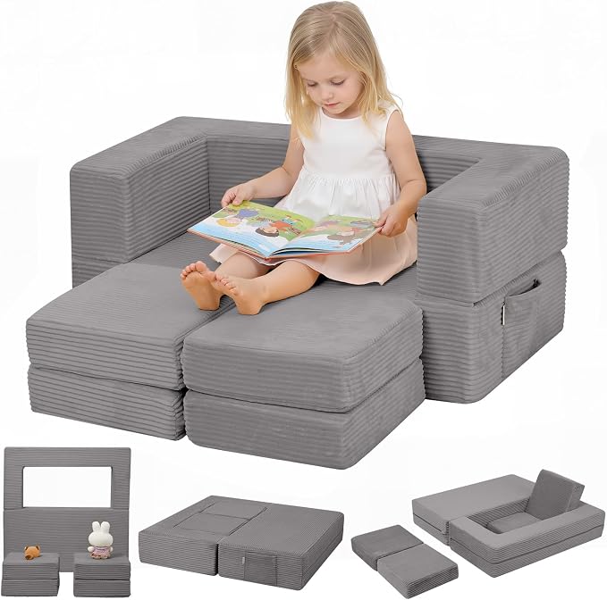 MeMoreCool Modular Kids Couch – Light Grey Foam Play Sofa Bed Convertible by MeMoreCool