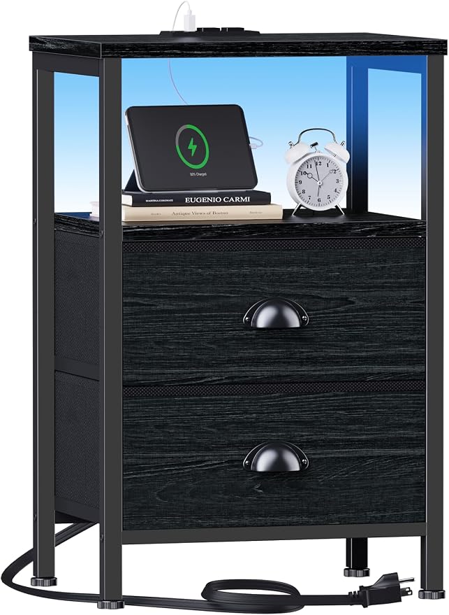 Furologee Nightstands with Charging Station, End Table with LED Lights - Image 4