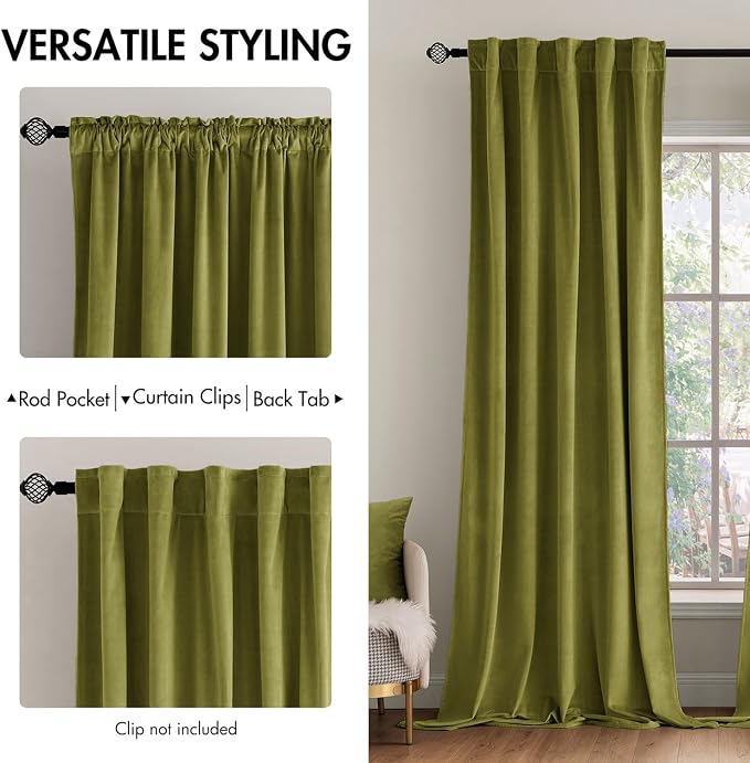 MIULEE Velvet Curtains 52x84 inches 2 Panels Moss Green Blackout Curtains | - Image 2