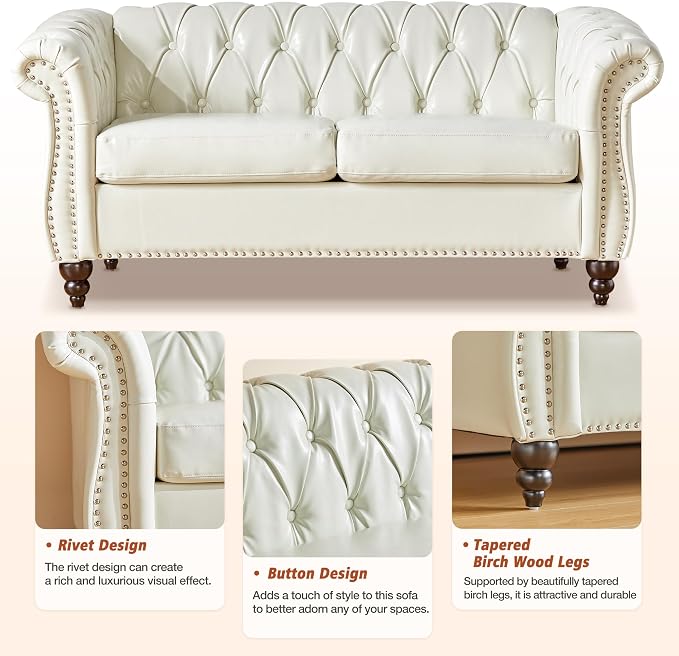 ORRD 2 Piece Living Room Set, Chesterfield Faux Leather Sofa Couch Chair - Image 5