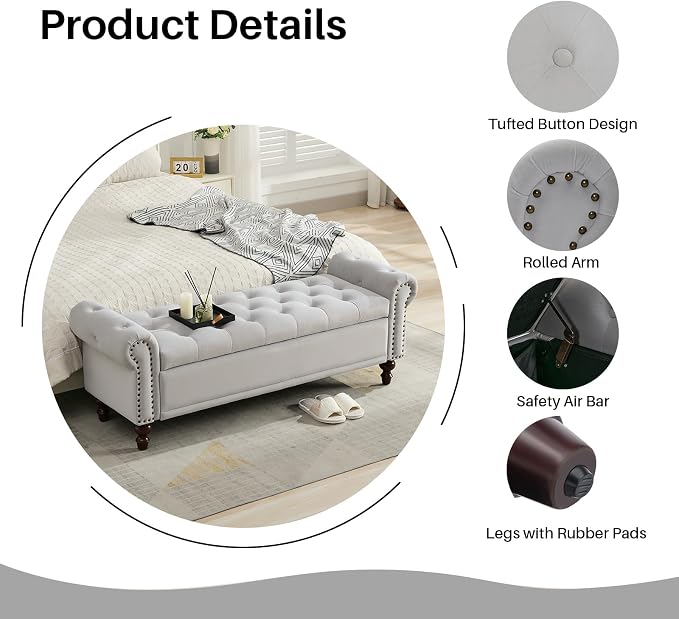 SOFTHION 58.1" Storage Bench Upholstered Velvet End of Bedroom Bed Bench Ottoman - Image 4