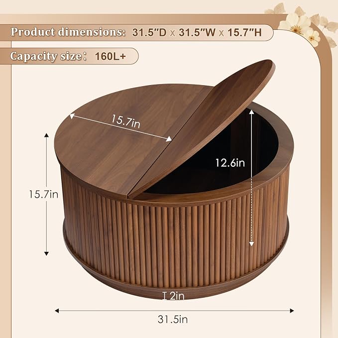 LYNCOHOME 31.5'' Fluted Flip Top Round Coffee Table - Image 2