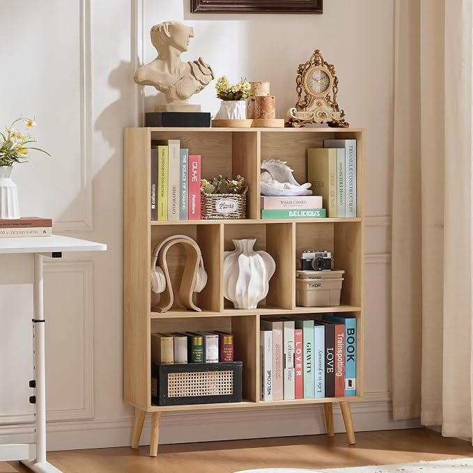 LEYAOYAO Cube Bookshelf 3 Tier Mid-Century Light Wood Modern Bookcase - Image 4