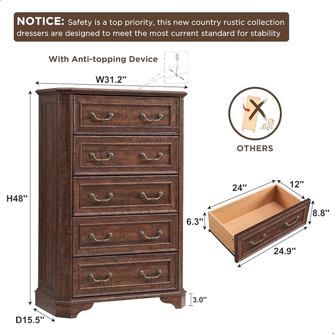 T4TREAM Farmhouse 5 Drawers Dresser - Image 2