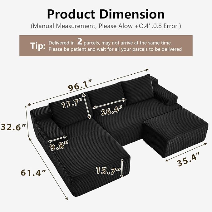 96" Cloud Sectional Couch U-Shaped Chaise - Image 2
