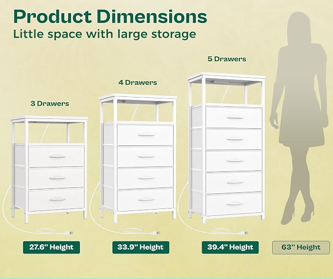 Huuger White Dresser with 5 Drawers & Charging Station, Tall Dresser - Image 5