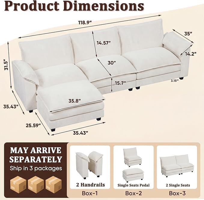 118.9" Modular Sectional Cloud Couch 3-Seat Sofa Set - Image 2