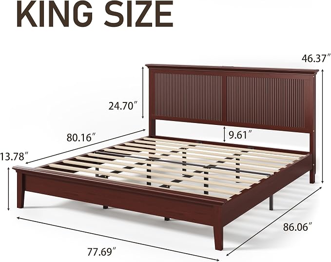 Lifezone King Bed Frame with Headboard, Solid Wood Bed Frame King Size with - Image 2