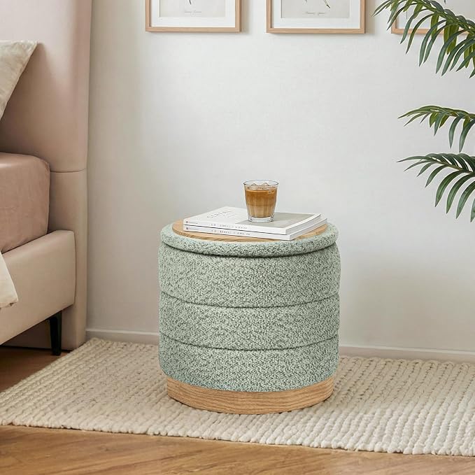 Round Storage Ottoman with Reversible Tray Lid, Folding Chenille Fabric - Image 2