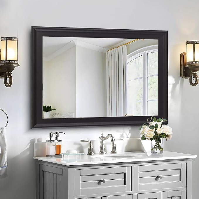 Black Wood Mirror for Bathroom, Rectangle Rustic 30 x 40 inch Vanity Mirror for - Image 3