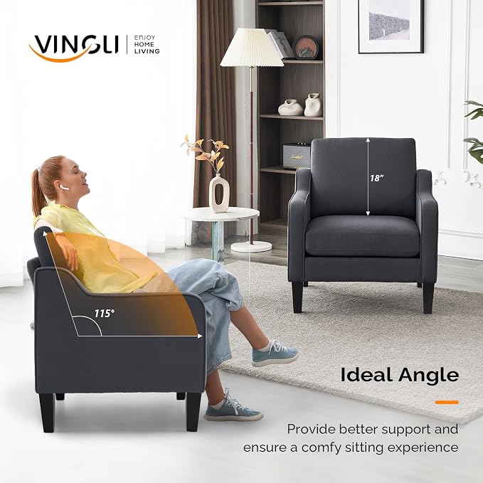 VINGLI Mid-Century Modern Accent Chair, Dark Grey Linen Upholstered, - Image 4