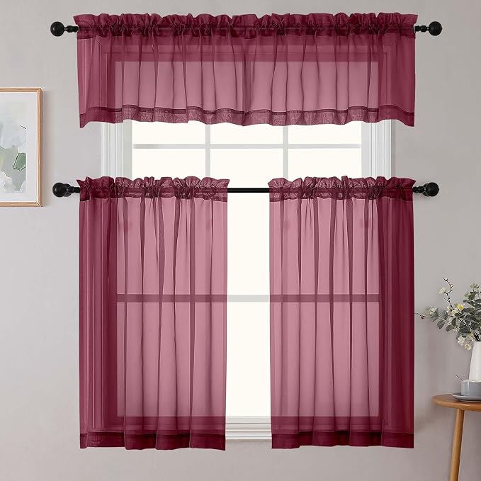 Kitchen Curtains 24 Inch Length Tier 2 Pieces, Burgundy Sheer Curtain Solid - Image 7