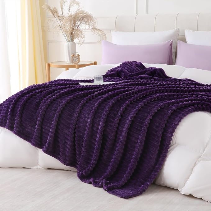 Deep Purple Throw Blanket for Couch Sofa 50x60 inches Striped Design | Fleece - Image 4