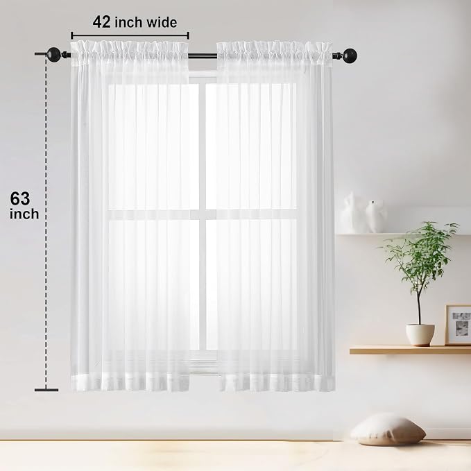 Sheer White Curtains, Sheer Curtains 63 inch Length 2 Panels Set, Rod Pocket - Image 3