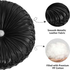 HIG Set of 2 Black Metallic Leather Decorative Round Pleated Throw Pillows | - Image 3