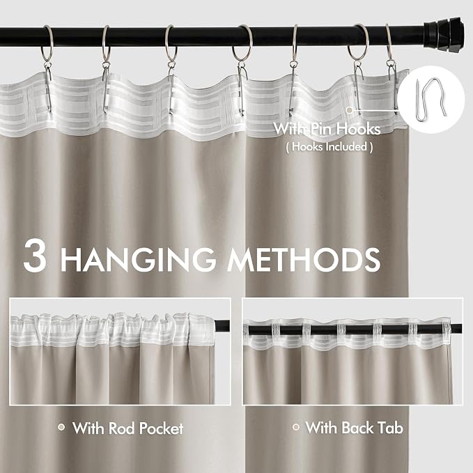 MIULEE Natural Back Tab Blackout Curtains 52x72 Inches Long 2 Panels Set | Rod - Image 3