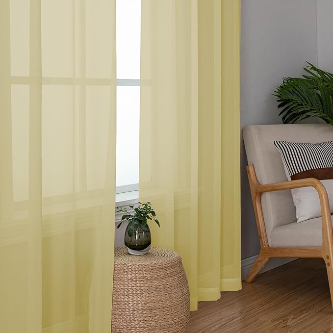 Chyhomenyc Sheer Mustard Yellow Curtains 90 inches Long 2 Panels, Light - Image 3