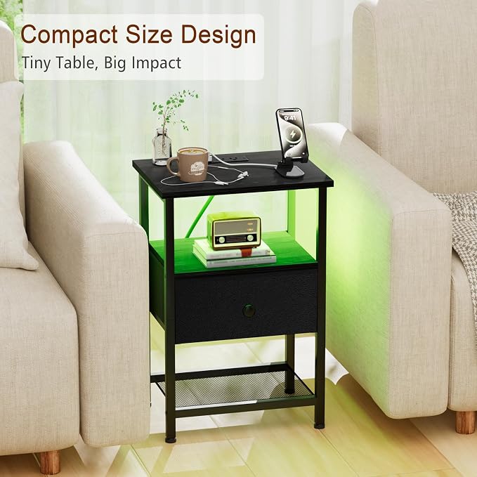 LOAKEKEL LED Night Stand with Charging Station, Small Bedside Table with USB - Image 6