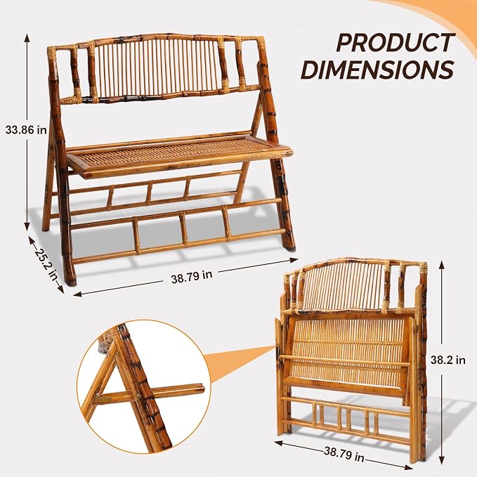 VINGLI Bamboo Rattan Folding Loveseat, Handmade Double Seat Folding Chair - Image 3