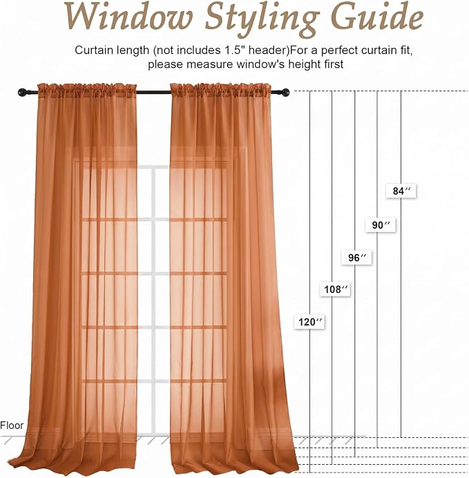 Orange Sheer Curtains 63 Inches Long 2 Panels Set, Light Filtering Sheer - Image 2