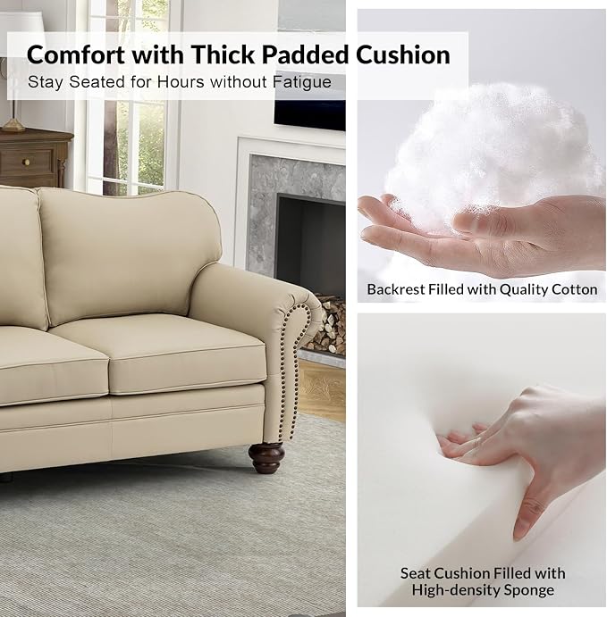 81" Genuine Leather Sofa, Classic 3-Seater Couchs - Image 4