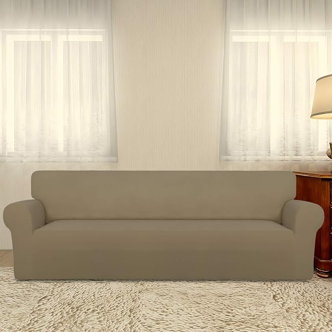 PureFit Stretch Couch Covers for Sofa 4 Seater Slipcovers Tan | 1-Piece Sofa - Image 2