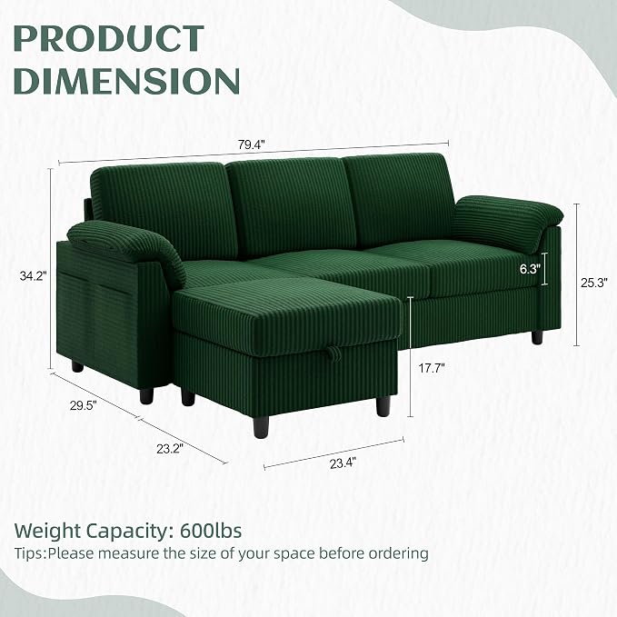 Vongrasig Convertible Sectional Couch, 3 Seat L Shaped Sofa - Image 2