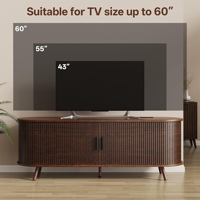 55 inch TV Stand with Power Outlet, Fluted Entertainment Center - Image 6