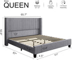 HOWE Queen Size Bed Frame with 50.8" Tall Wingback Headboard, Modern Corduroy - Image 2