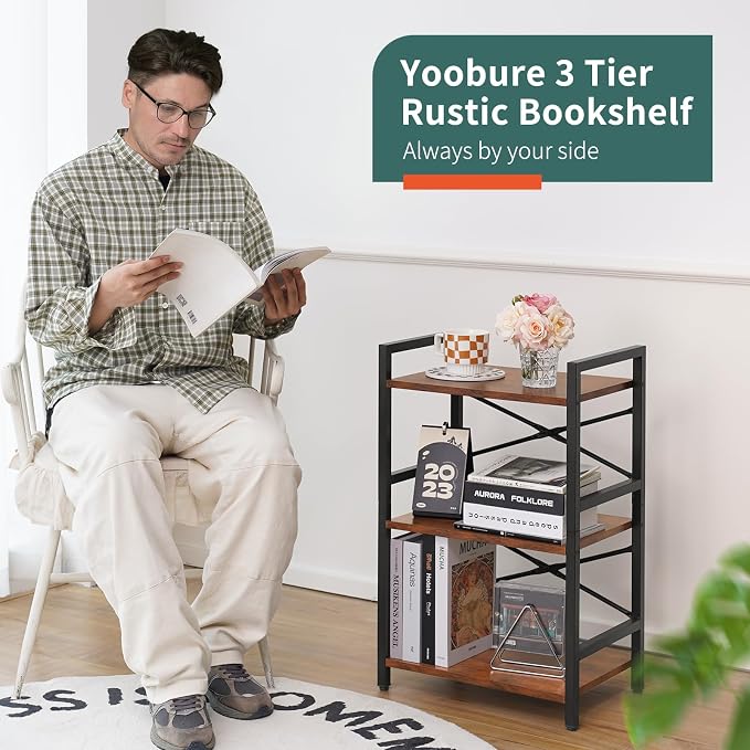 Yoobure Bookshelf Small Book Shelf, Solid Industrial 3 Tier Shelf Bookcase - Image 6