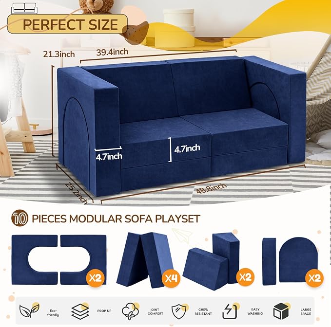 Fvkind 10 Pcs Modular Kids Play Couch, Foam Kids Play Couch - Image 2