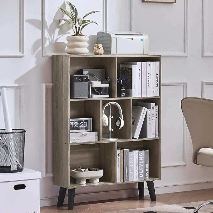 LEYAOYAO Cube Bookshelf 3 Tier Mid-Century Retro Grey Modern Bookcase - Image 2