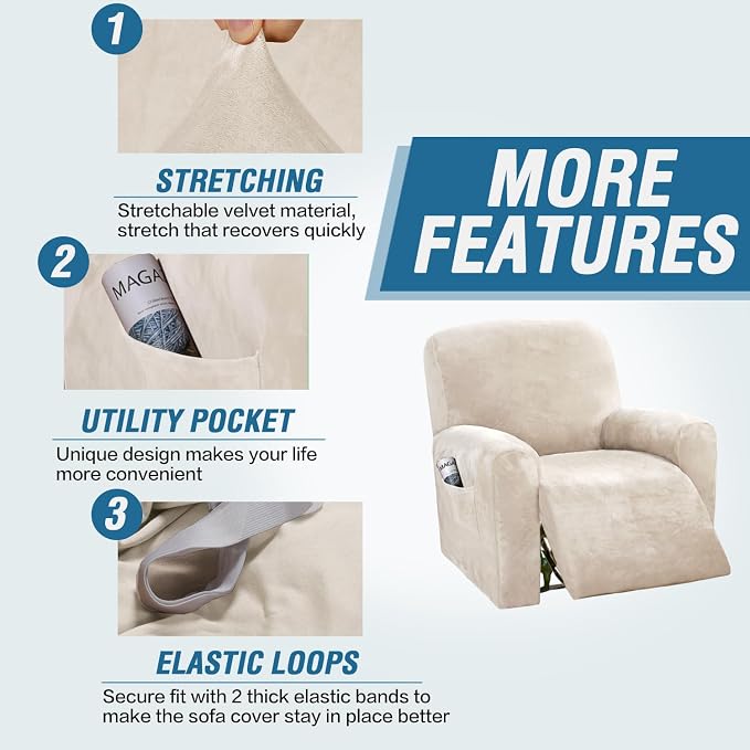 H.VERSAILTEX Velvet Stretch Recliner Couch Covers 4-Pieces Style Recliner Chair - Image 4
