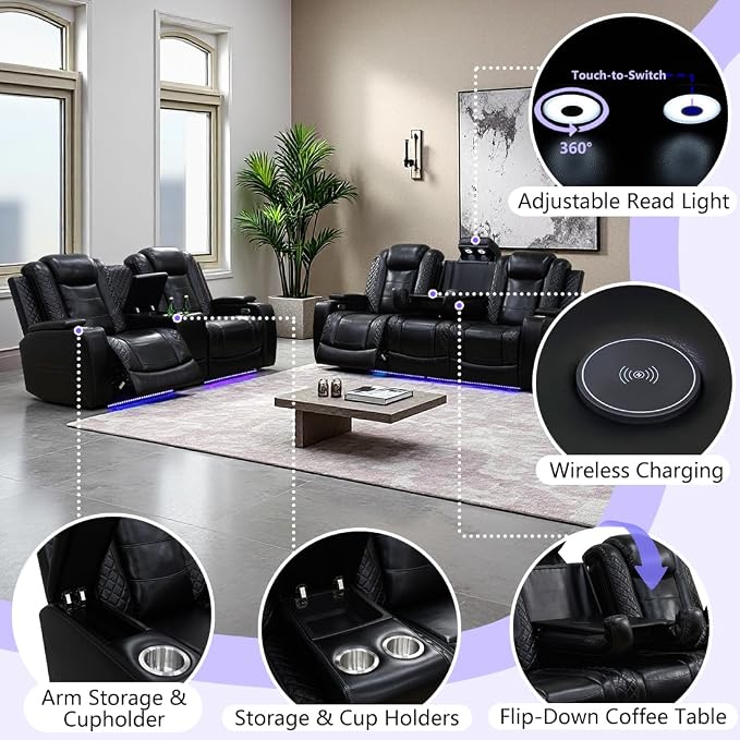 Power Recliner Sofa Set, Living Room Furniture Sets, Leather Reclining Sofa Set - Image 5