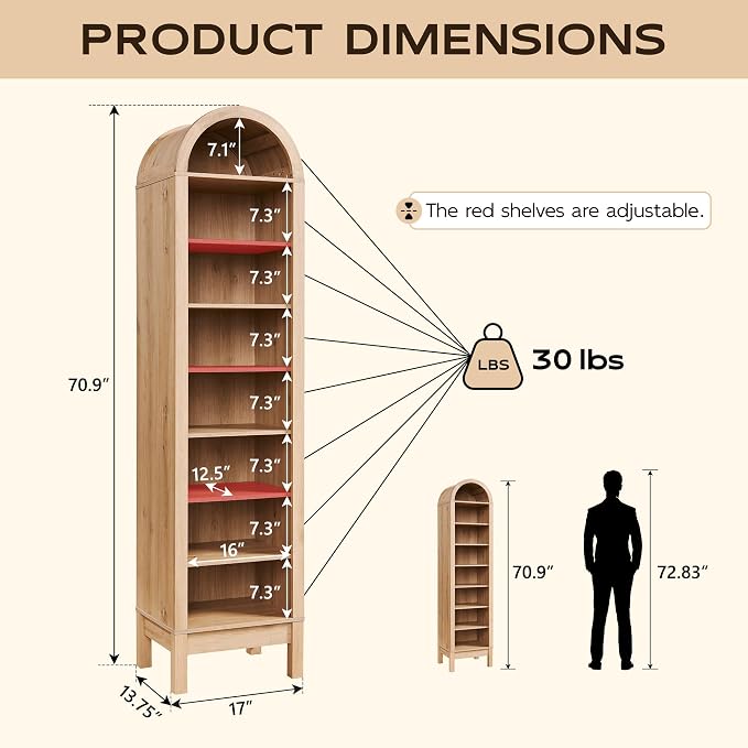 IFGET 71" Tall Arched Bookshelf, 8 Tiers Arch Bookcase - Image 2