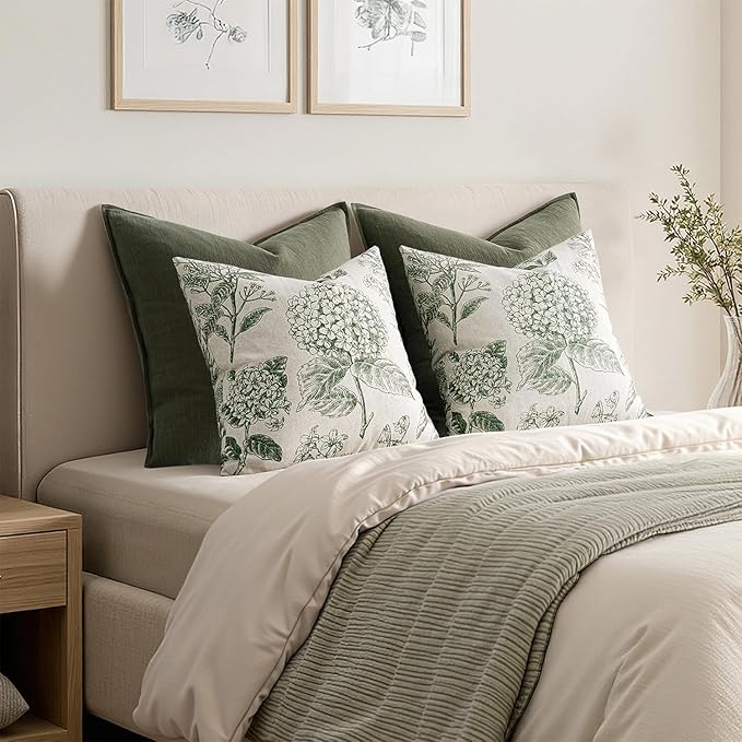 Set of 2 Decorative Floral Pillow Covers 22x22 Inch Dark Green | Neutral - Image 6