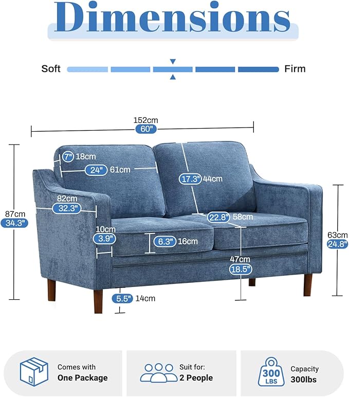 Kingfun 56" Chenille Sofa, Loveseat Couch, Mid Century Modern Love Seat Couches - Image 2