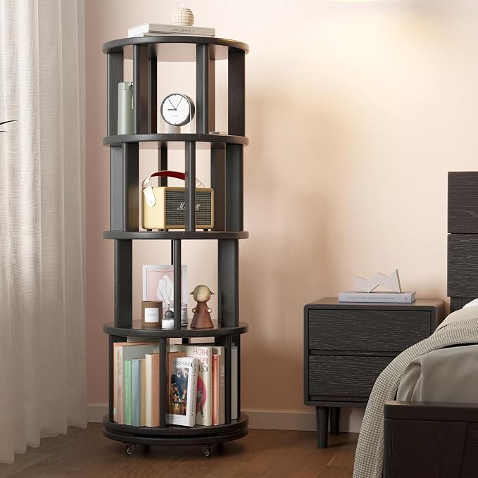 Muwuele Solid Wood Rotating Bookshelf on Wheels, 4 Tier, Round Revolving - Image 8
