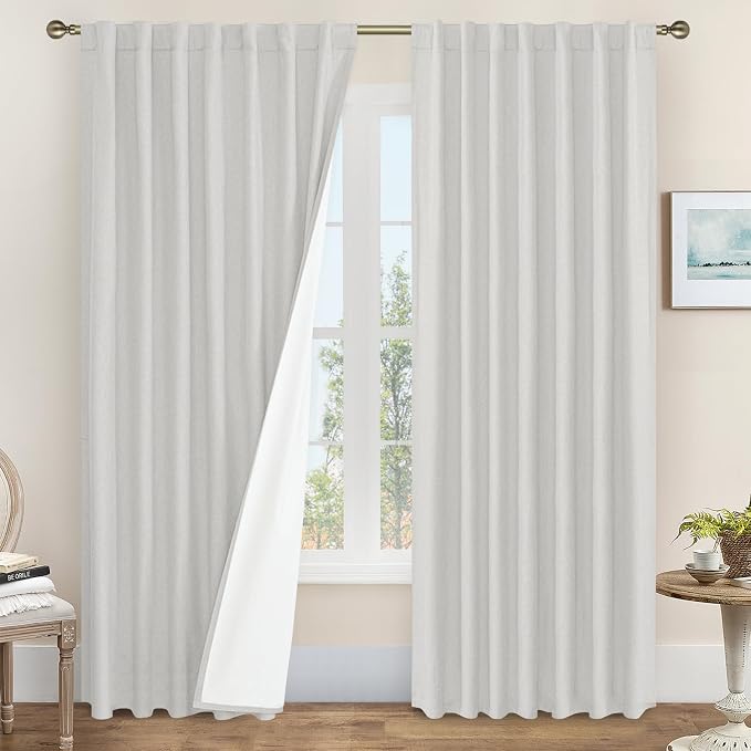 Light Grey 100% Blackout Linen Curtains 84 Inches Long 2 Panels | Linen Textured by LAMIT