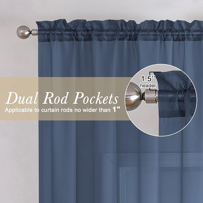 Navy Blue Sheer Curtains 108 Inches Long 2 Pcs, Rustic Farmhouse Dual Rod - Image 6
