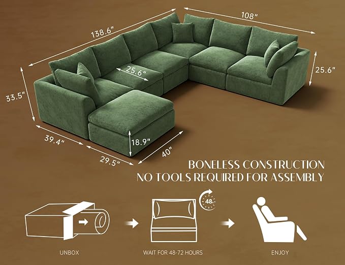ohllob Oversized Cloud Couches for Living Room, Boneless Sectional Couch - Image 2