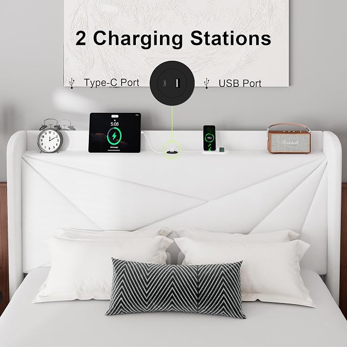 Feonase Full Bed Frame with Charging Station, Velvet Upholstered Platform - Image 3