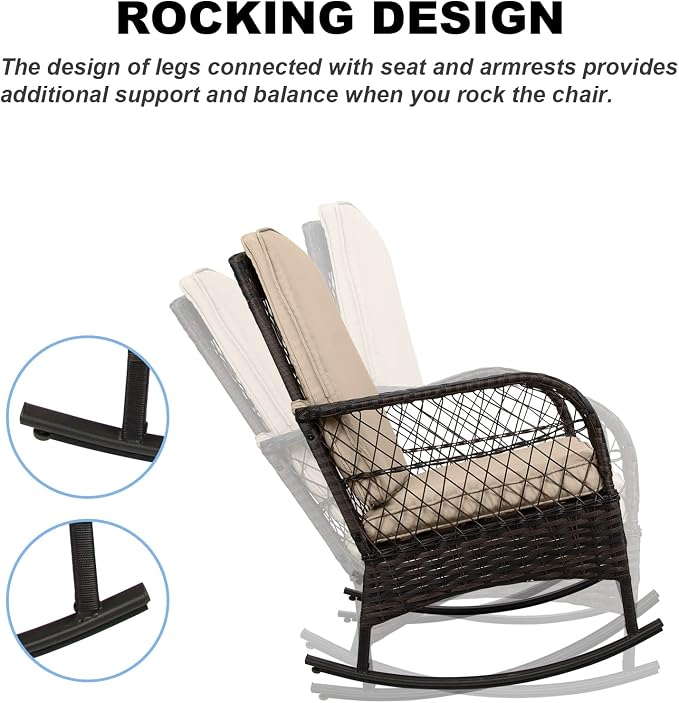 LEVELEVE 3 pcs Rocking Bistro Set Conversation Chairs PE Wicker Outdoor Rocking - Image 5