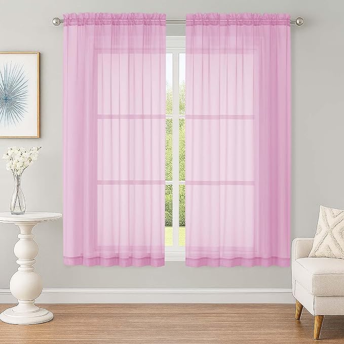 Sheer Pink Curtains, Sheer Curtains 63 inch Length 2 Panels Set, Rod Pocket by OWENIE
