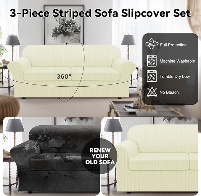 100% WaterproofCouch Cover 3-Piece Set Striped Sofa Slipcovers - Image 6