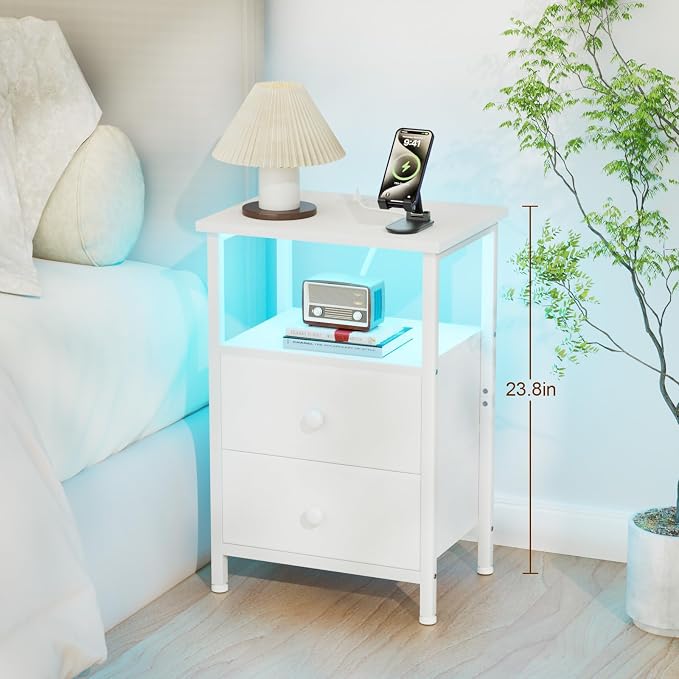 LOAKEKEL LED Night Stand with Charging Station, Small Bedside Table with USB - Image 3
