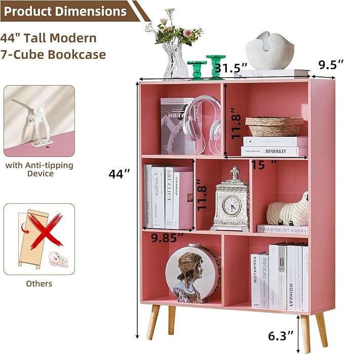 LEYAOYAO Cube Bookshelf 3 Tier Mid-Century Light Pink Modern Bookcase - Image 2