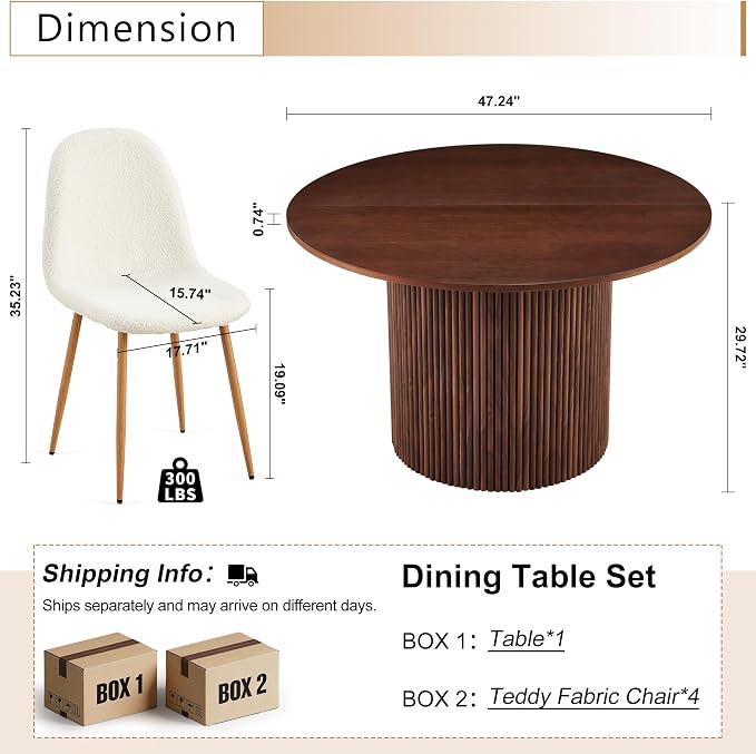 Dining Table Set for 4, Mid Century Modern 47 Inch Wooden Round Dining Table Set - Image 2