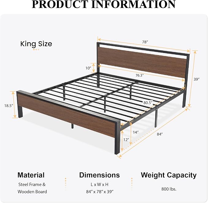 SHA CERLIN 14 Inch King Size Metal Platform Bed Frame - Image 2